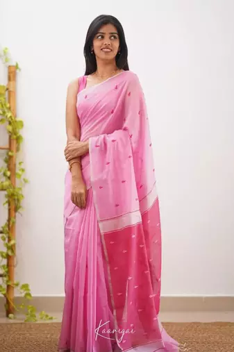 Pink linen slub jaquard designer saree with blouse