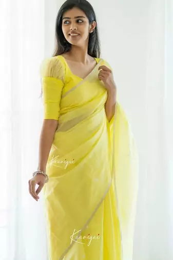 Yellow linen slub jaquard designer saree with blouse