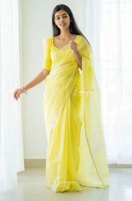 Yellow linen slub jaquard designer saree with blouse 3