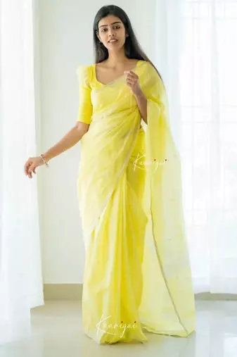 Yellow linen slub jaquard designer saree with blouse