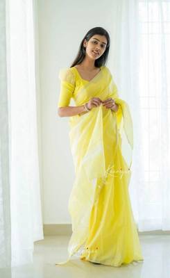 Yellow linen slub jaquard designer saree with blouse 4
