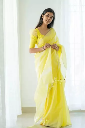 Yellow linen slub jaquard designer saree with blouse