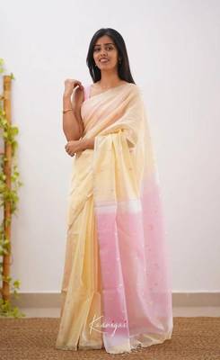 Cream linen slub jaquard designer saree with blouse 2