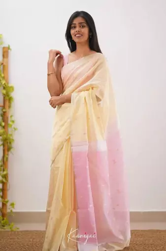 Cream linen slub jaquard designer saree with blouse