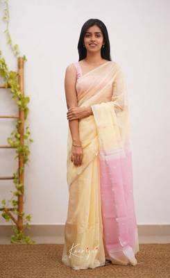 Cream linen slub jaquard designer saree with blouse 3