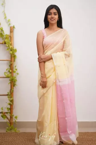 Cream linen slub jaquard designer saree with blouse