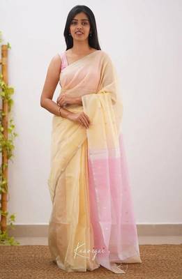 Cream linen slub jaquard designer saree with blouse 4