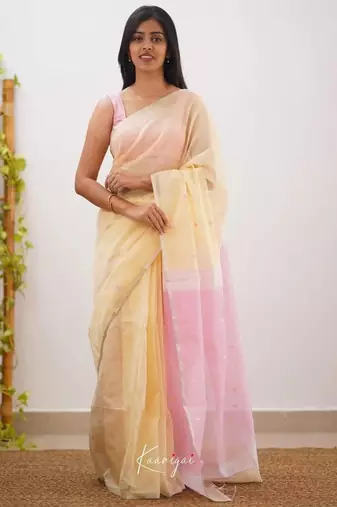Cream linen slub jaquard designer saree with blouse