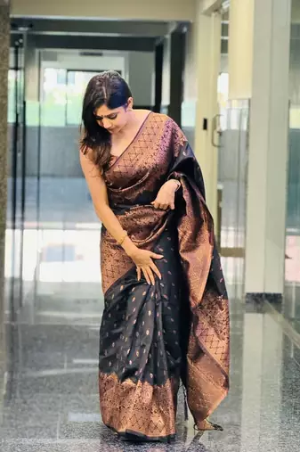 Black silk blend banarasi jaquard designer saree with blouse