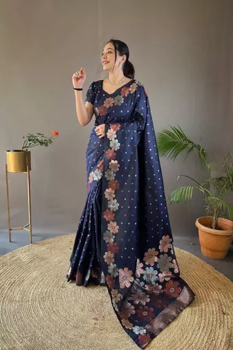 Dark blue silk blend banarasi jaquard designer saree with blouse