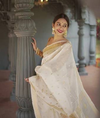 White linen slub jaquard designer saree with blouse 2