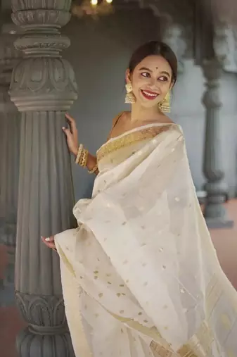 White linen slub jaquard designer saree with blouse