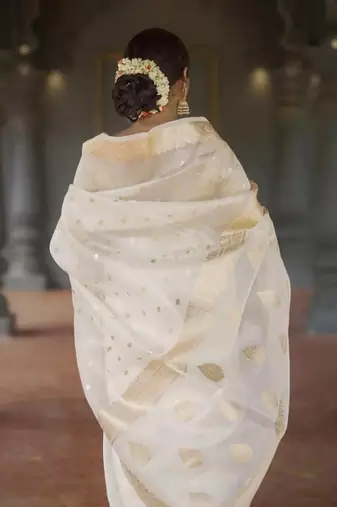 White linen slub jaquard designer saree with blouse