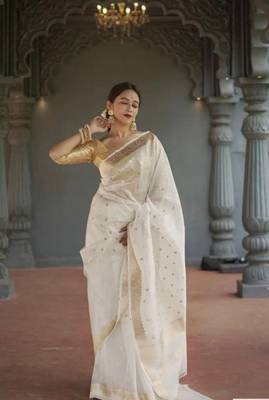 White linen slub jaquard designer saree with blouse 4