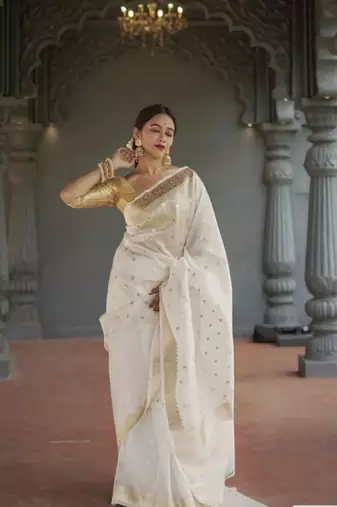 White linen slub jaquard designer saree with blouse