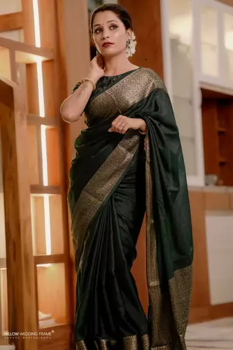 Dark green silk blend banarasi jaquard designer saree with blouse