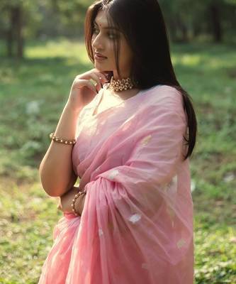 Baby pink linen slub jaquard designer saree with blouse 2