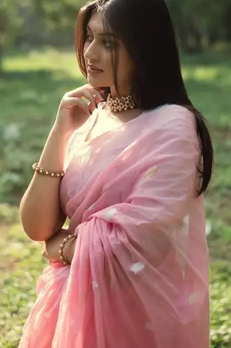 Baby pink linen slub jaquard designer saree with blouse