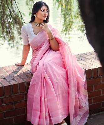 Baby pink linen slub jaquard designer saree with blouse 3