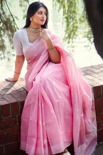Baby pink linen slub jaquard designer saree with blouse