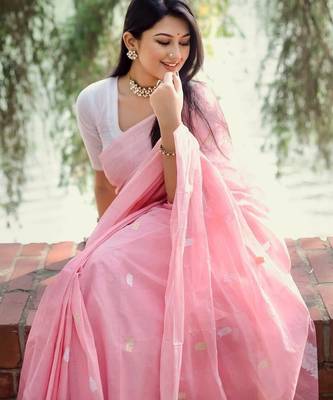 Baby pink linen slub jaquard designer saree with blouse 4