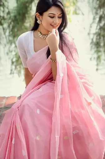 Baby pink linen slub jaquard designer saree with blouse