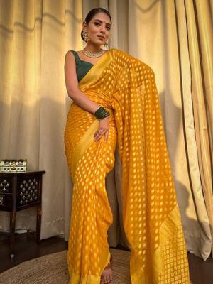 Yellow silk blend banarasi jaquard designer saree with blouse 2