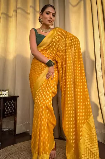 Yellow silk blend banarasi jaquard designer saree with blouse