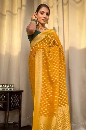 Yellow silk blend banarasi jaquard designer saree with blouse