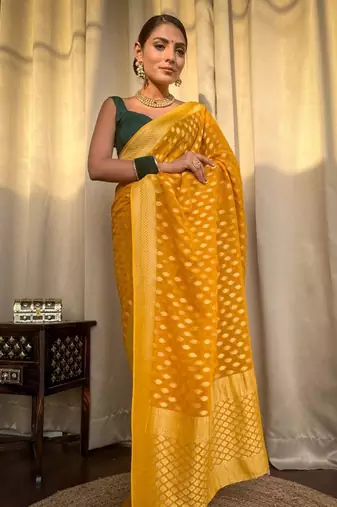 Yellow silk blend banarasi jaquard designer saree with blouse