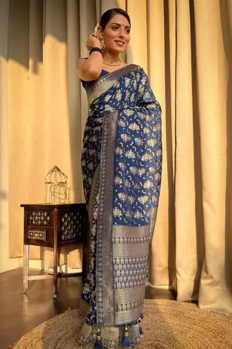 Blue silk blend banarasi jaquard designer saree with blouse