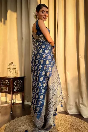 Blue silk blend banarasi jaquard designer saree with blouse
