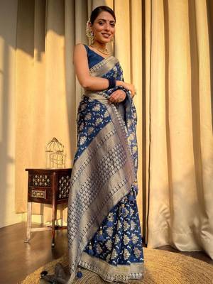 Blue silk blend banarasi jaquard designer saree with blouse 4