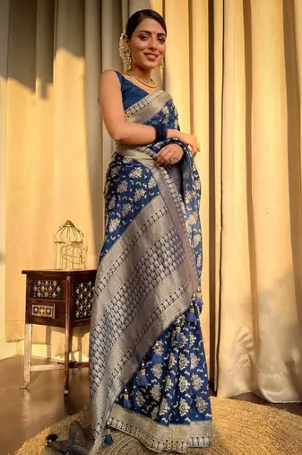 Blue silk blend banarasi jaquard designer saree with blouse