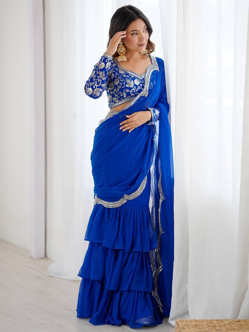 Blue Sequins Georgette Lehenga Choli With Dupatta
