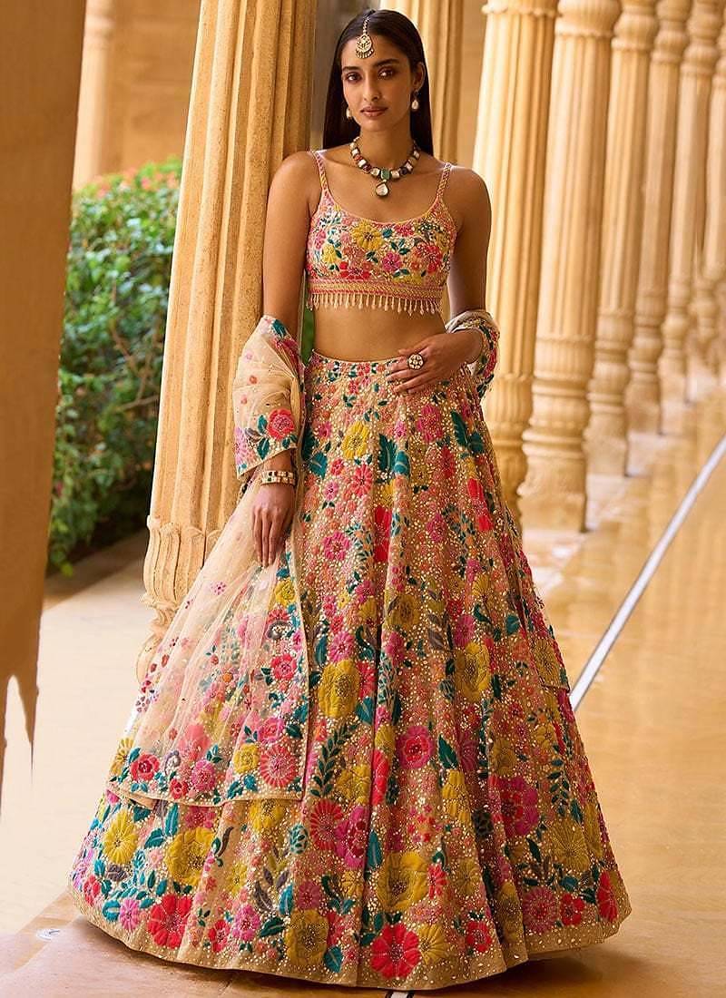 Multicolor Thread And Sequins Embroidered Georgette Lehenga Dress With Dupatta