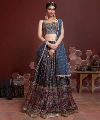 Dark Blue Floral Printed Lehenga Choli Set. 1