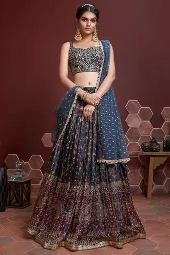 Dark Blue Floral Printed Lehenga Choli Set.