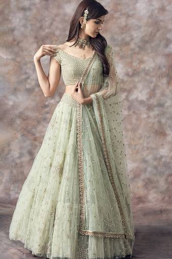 pista green soft net embroidery work lehenga choli set with dupatta