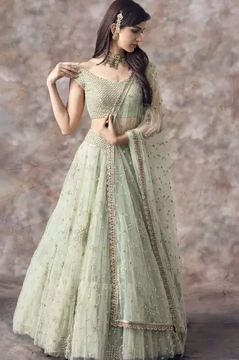 Pista Green Soft Net Embroidery Work Lehenga Choli Set With Dupatta