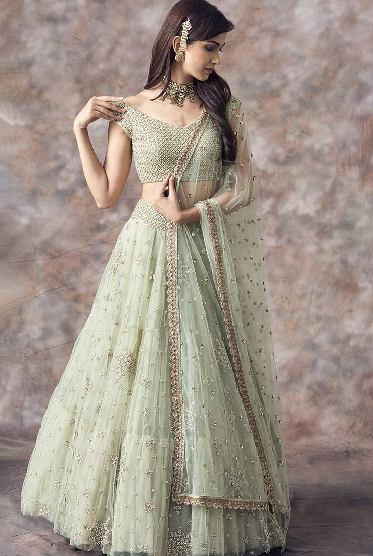Pista Green Soft Net Embroidery Work Lehenga Choli Set With Dupatta
