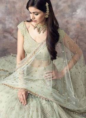pista green soft net embroidery work lehenga choli set with dupatta 2