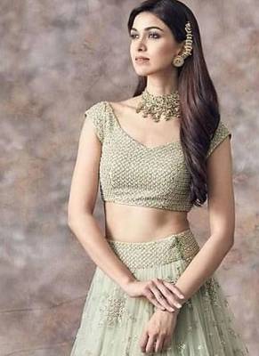 pista green soft net embroidery work lehenga choli set with dupatta 3