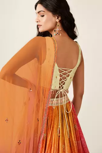 orange pink bandhani printed lehenga Choli set.