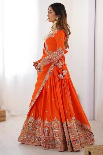 	orange coding dori with sequin embroidery silk lehenga choli