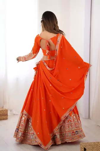 	orange coding dori with sequin embroidery silk lehenga choli