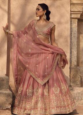pink silk zari embroidery blush pink lehenga choli with dupatta 1
