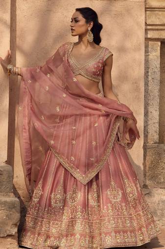 pink silk zari embroidery blush pink lehenga choli with dupatta