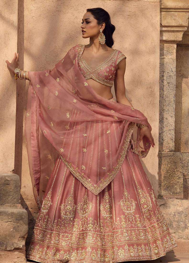 pink silk zari embroidery blush pink lehenga choli with dupatta