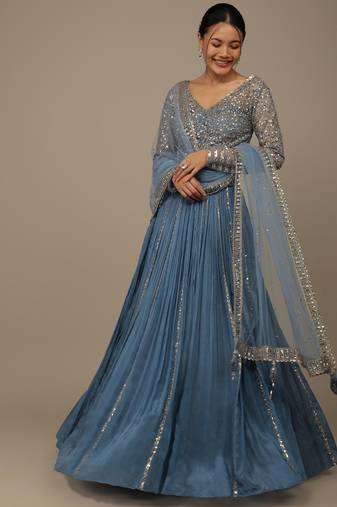 Blue Sequins Georgette Lehenga Set Choli With Dupatta With Dupatta